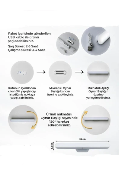 Gözü Yormayan Şarjlı Led Işık Kitap Okuma Masa Lambası Dolap İçi Mıknatıslı Led Aplik Lamba - 6