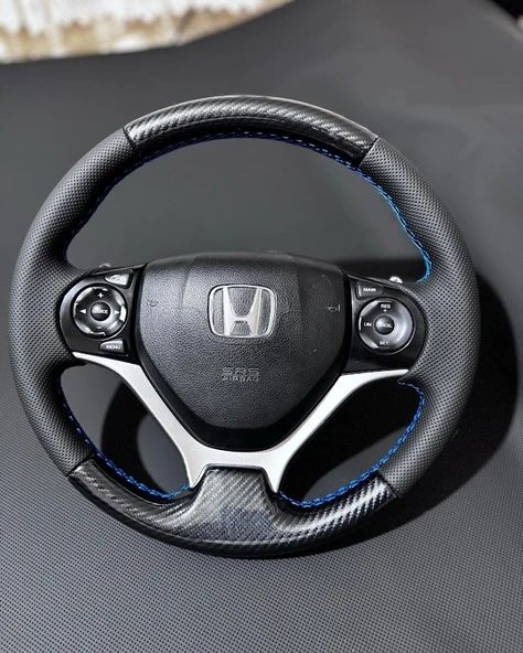 Honda Civic FB7 Araca Özel Direksiyon Kılıfı (Kristal Karbon Soft Nokta Mavi İpli) ürün görseli