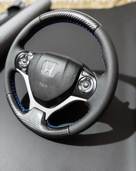 Honda Civic FB7 Araca Özel Direksiyon Kılıfı (Kristal Karbon Soft Nokta Mavi İpli) - Resim 2