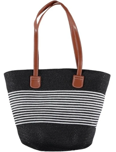 Kadın Hasır Çanta Plaj Çanta Yazlık Premium Çizgili Tasarım Hasır Çanta ürün görseli
