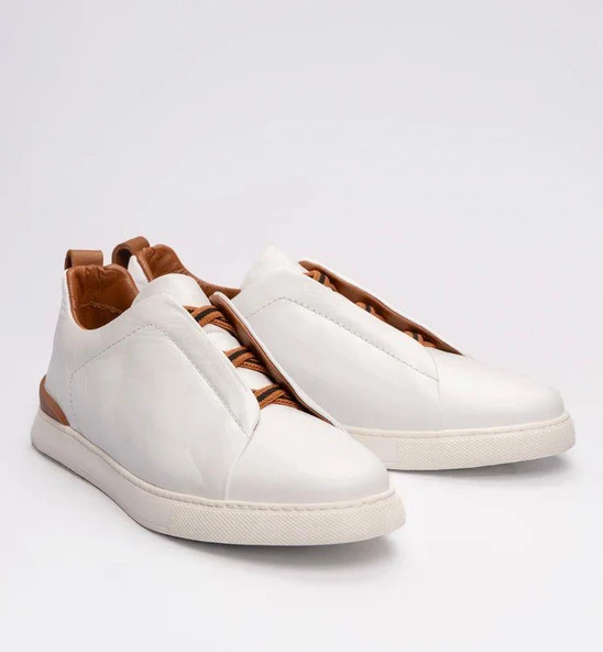 Erkek Deri Sneaker Siyah Kahverengi Ve Beyaz Kahverengi