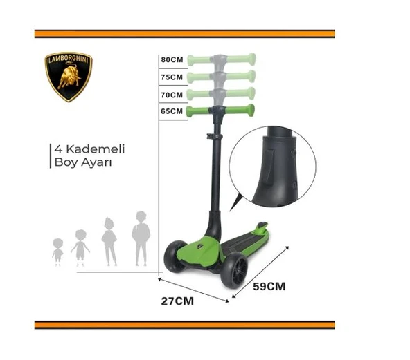 Lamborghini Lisanslı L3 Kolay Katlanabilir Işıklı Orta Gövde ve Işıklı Tekerlekli Çocuk Scooter Mavi - Resim 5
