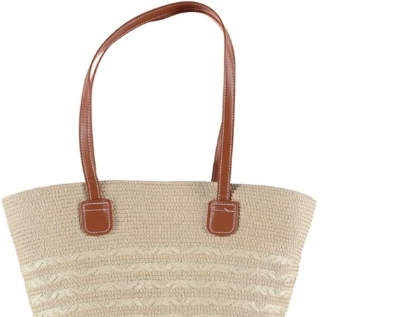Modern Tasarım Kadın Hasır Çanta Plaj Rattan Çanta Dalga Desen - 9
