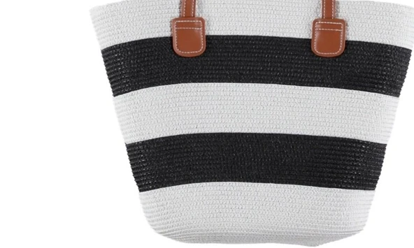 Çizgi Desen Tasarım Kadın Hasır Çanta Rattan Tarz Çanta Plaj Çanta - 9