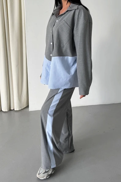 POLYVİSKON - POPLİN PARÇALI GÖMLEK PANTOLON TAKIM - Gri - 2