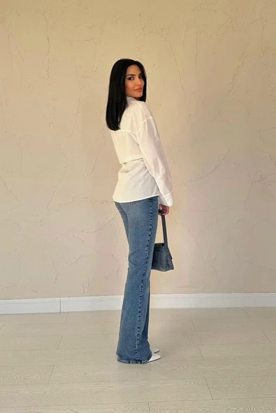 Ekru Düğme Detaylı Gömlek - Resim 4