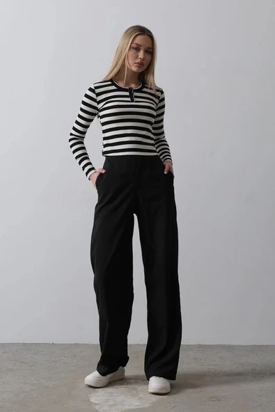 Beli Yarım Lastikli Palazzo Pantolon - Siyah - 2