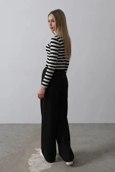 Beli Yarım Lastikli Palazzo Pantolon - Siyah - 3