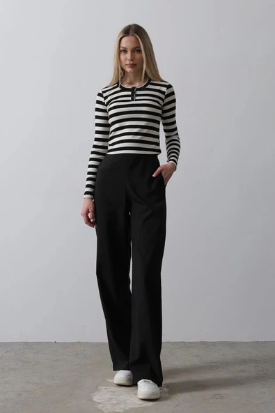 Beli Yarım Lastikli Palazzo Pantolon - Siyah