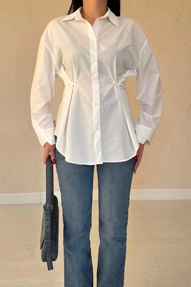 Ekru Düğme Detaylı Gömlek - Resim 3