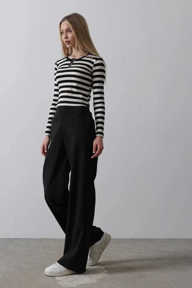 Beli Yarım Lastikli Palazzo Pantolon - Siyah - 4