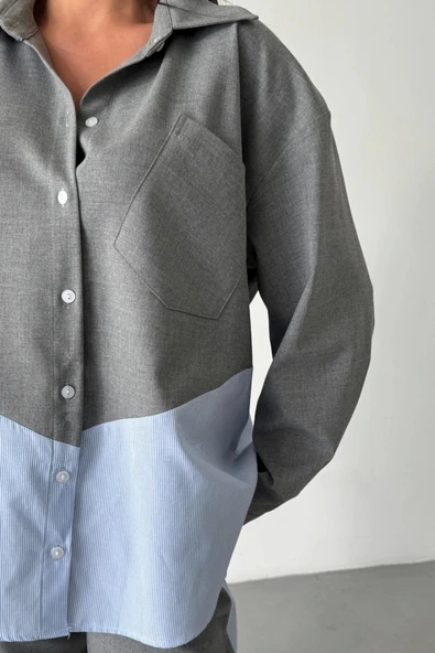 POLYVİSKON - POPLİN PARÇALI GÖMLEK PANTOLON TAKIM - Gri - 3