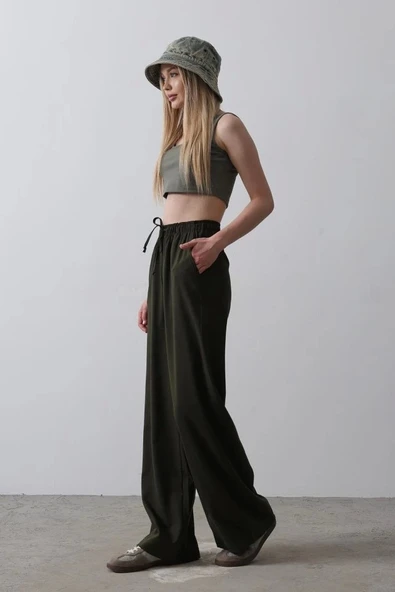 Beli Lastikli Bol Paça Pantolon - Koyu Haki - 2