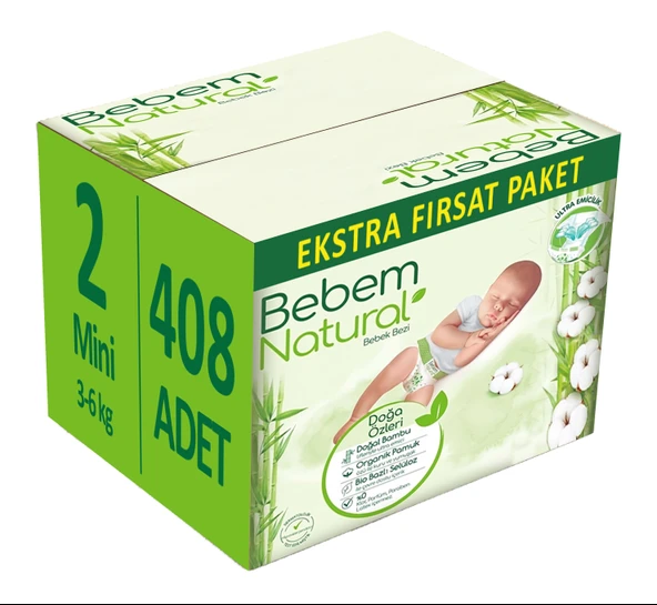 Bebem Bebek Bezi Natural Beden:2 (3-6Kg) Mini 408 Adet Ekstra Fırsat Pk ürün görseli