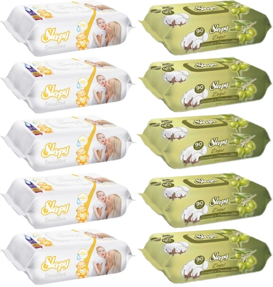 Sleepy Islak Havlu Mendil 90 Yaprak Karma (10 Lu Set) Sensitive & Pamuk-Zeytinyağlı 900 Yaprak ürün görseli 1