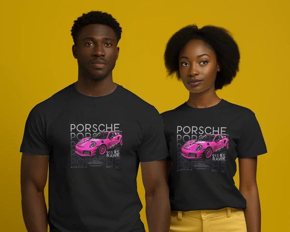 Pembe Porsche 911 RS Baskılı Siyah Tişört  Sportif Stil, Cesur Duruş