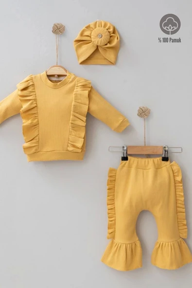 Omuzdan Fırfır Detaylı Boneli 3'lü % 100 Pamuklu Kız Bebek Takımı ürün görseli 1