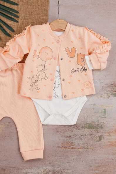 Love Tavşan Desenli Kol Detaylı 3'lü Hırkalı Kız Bebek Takım - Resim 3