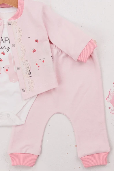 Happy Dancing Desenli 3'lü Hırkalı Kız Bebek Takım - Resim 2