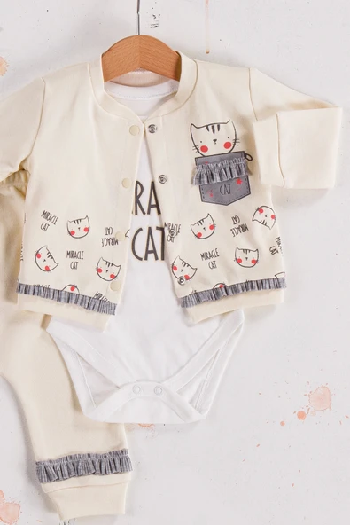 Kedi Desenli 3'lü Hırkalı Kız Bebek Takım - Resim 2