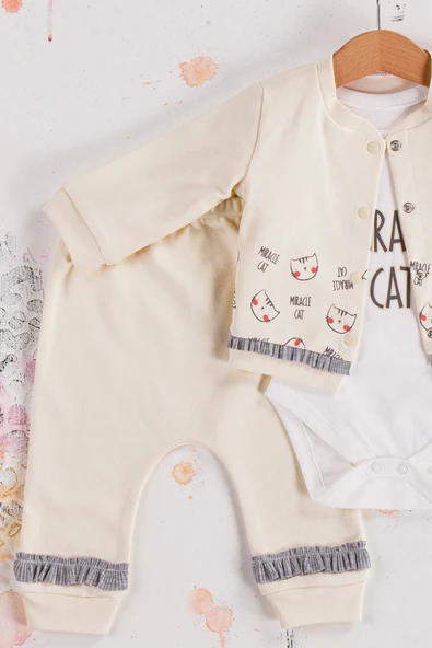 Kedi Desenli 3'lü Hırkalı Kız Bebek Takım - Resim 3