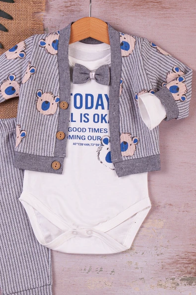 Papyonlu Bear Çizgili Model Ceketli 3'lü Erkek Bebek Takımı - Resim 2