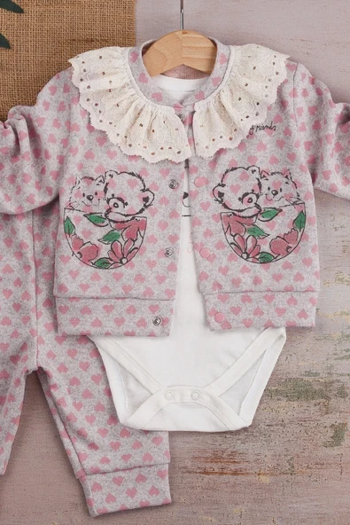 Brode İşlemeli Kalp Desenli 3'lü Hırkalı Kız Bebek Takım - 2