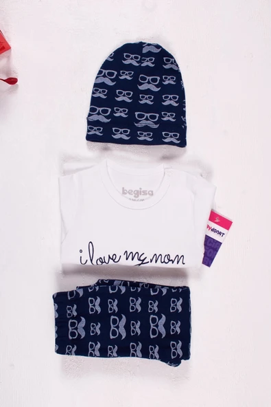 Bıyık Gözlük Desenli 3'lü Erkek Bebek Takımı - Resim 3