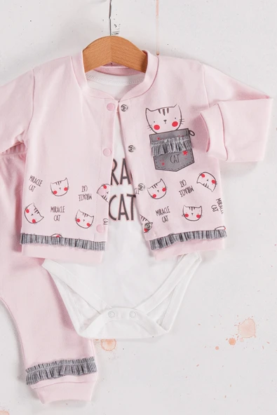 Kedi Desenli 3'lü Hırkalı Kız Bebek Takım - Resim 2