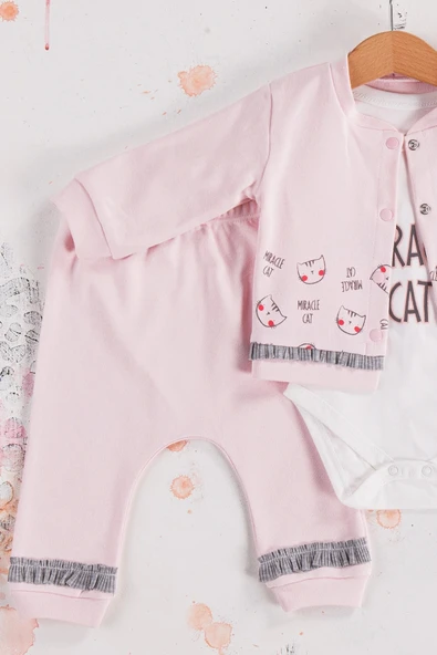 Kedi Desenli 3'lü Hırkalı Kız Bebek Takım - Resim 3