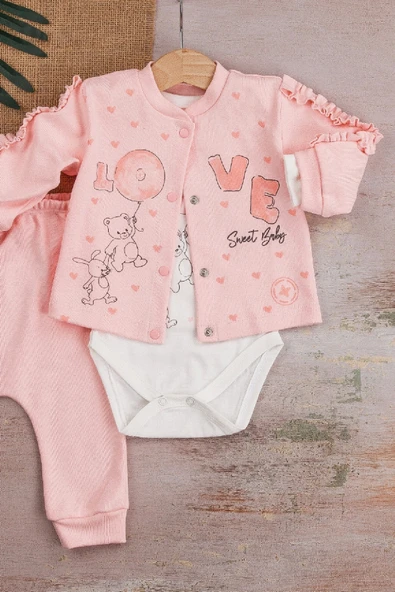 Love Tavşan Desenli Kol Detaylı 3'lü Hırkalı Kız Bebek Takım - Resim 2