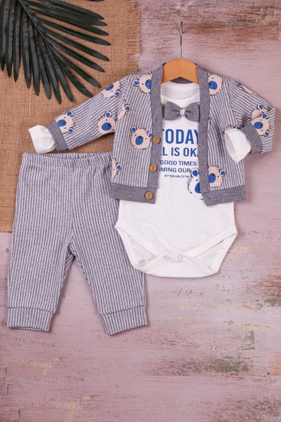 Papyonlu Bear Çizgili Model Ceketli 3'lü Erkek Bebek Takımı