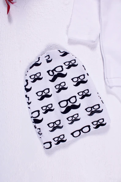 Bıyık Gözlük Desenli 3'lü Erkek Bebek Takımı - Resim 3