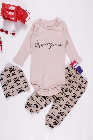 Bıyık Gözlük Desenli 3'lü Erkek Bebek Takımı - Resim 3