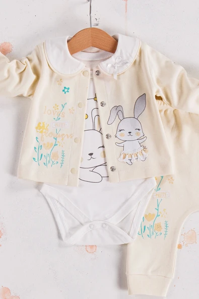 Tavşan Desenli Çiçekli 3'lü Hırkalı Kız Bebek Takım - 3