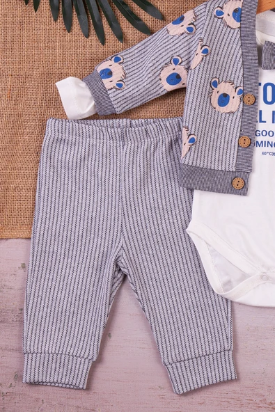 Papyonlu Bear Çizgili Model Ceketli 3'lü Erkek Bebek Takımı - Resim 3