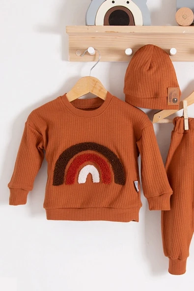 Gökkuşağı Nakışlı 2'li % 100 Pamuk Erkek Bebek Takımı - Resim 2