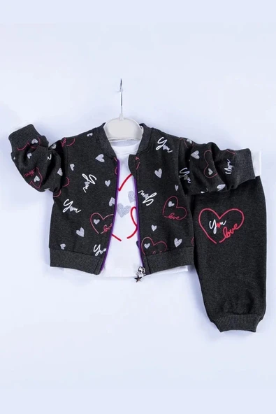 Kalp Desenli Hırkalı Pamuklu 3'lü Kız Bebek Takımı ürün görseli 1