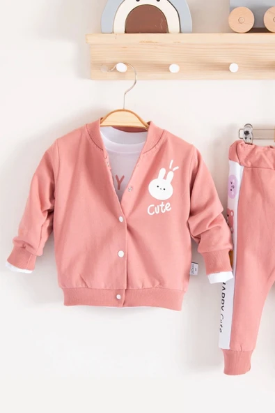 Cute Funny Desenli Kapişonlu Pamuklu 3'lü Kız Bebek Takımı - Resim 2