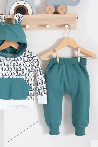 Minik Ayıcıklar Desenli 2'li % 100 Pamuk Erkek Bebek Takımı - Resim 3