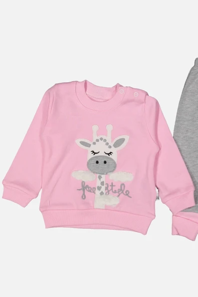 Zürafa Nakışlı % 100 Pamuk Kız Bebek Takımı - Resim 2