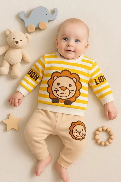 Aslan Desenli 2'li % 100 Pamuk Erkek Bebek Takımı ürün görseli 1