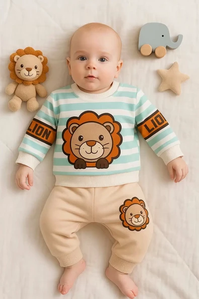 Aslan Desenli 2'li % 100 Pamuk Erkek Bebek Takımı ürün görseli 1