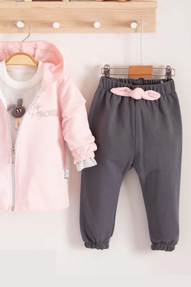 Prences Nakışlı Kapişonlu 3'lü % 100 Pamuk Kız Bebek Takımı - 3