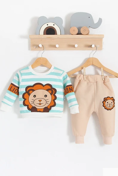 Aslan Desenli 2'li % 100 Pamuk Erkek Bebek Takımı - Resim 2