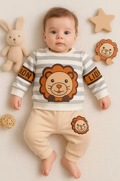 Aslan Desenli 2'li % 100 Pamuk Erkek Bebek Takımı - 1