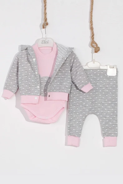 Bear Nakışlı Puanlı Pamuklu 2'li Kız Bebek Takımı