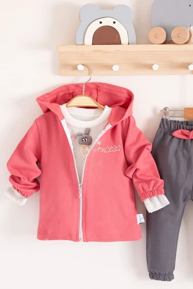 Prences Nakışlı Kapişonlu 3'lü % 100 Pamuk Kız Bebek Takımı - 2