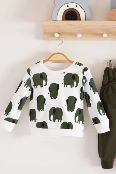 Fil Desenli 2'li % 100 Pamuk Erkek Bebek Takımı - Resim 2