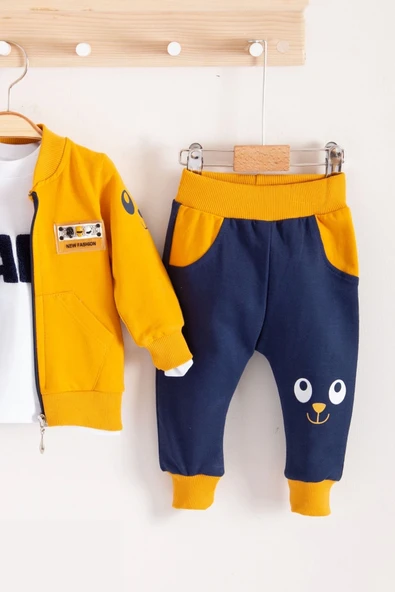 New Fashıon Hırkalı 3'lü % 100 Pamuk Erkek Bebek Takımı - Resim 2